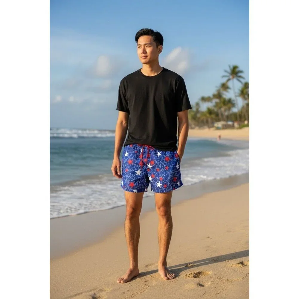 George Mens Swim Shorts Blue Red Star Print Size Large 36-38 Elastic Waist